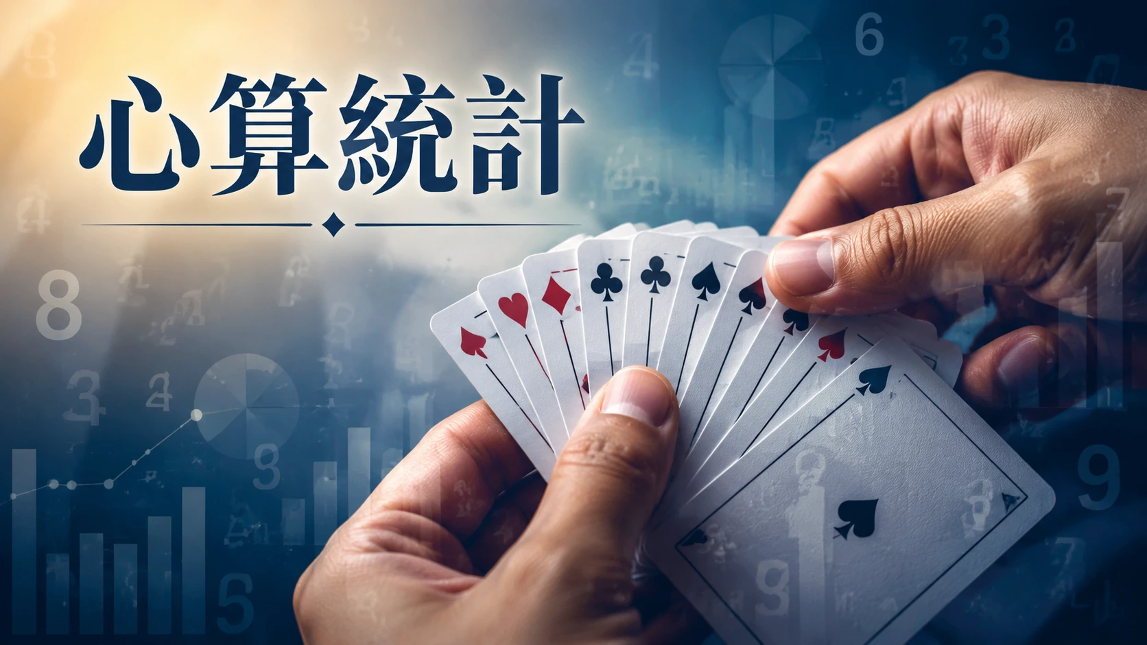 手部特寫排列撲克牌成扇形,背景有淡淡的數字疊影
